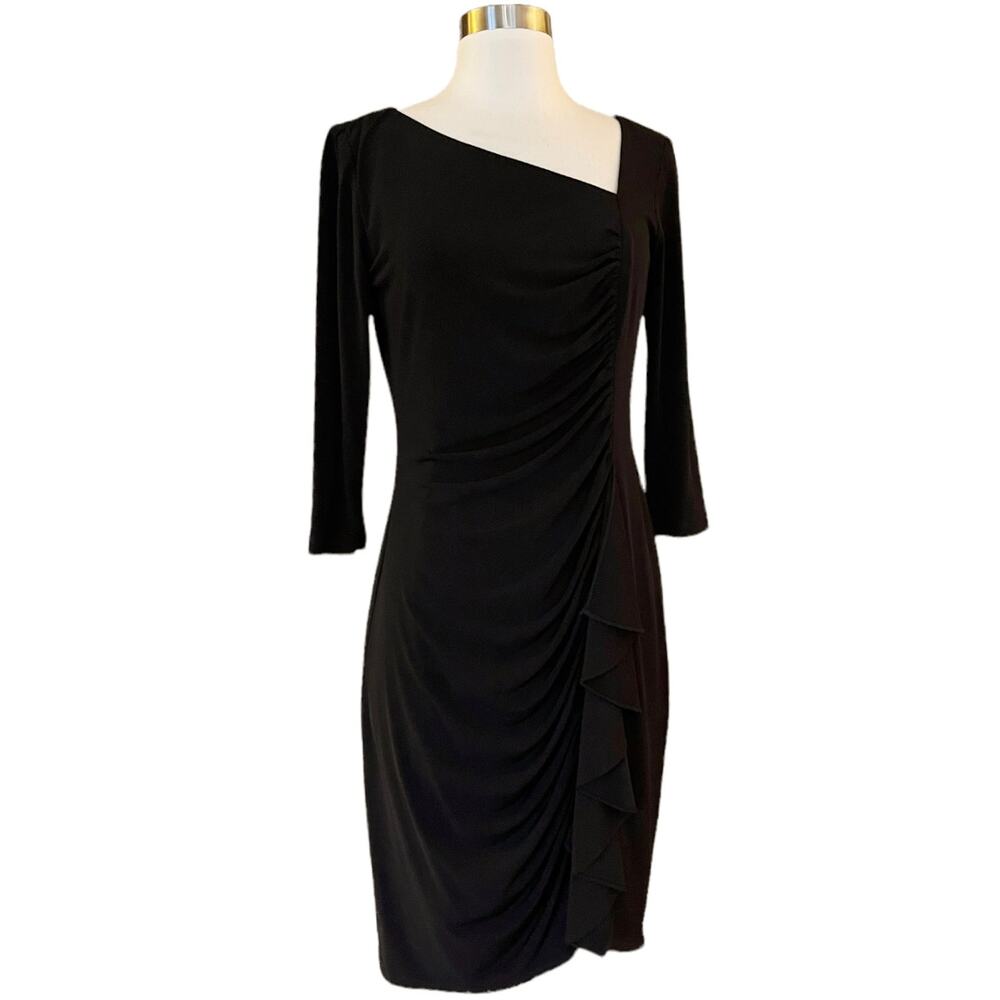 DAVID MEISTER Black Sheath Cocktail Dress Ruched Ruffles 3/4 Sleeves Midi 4 EUC